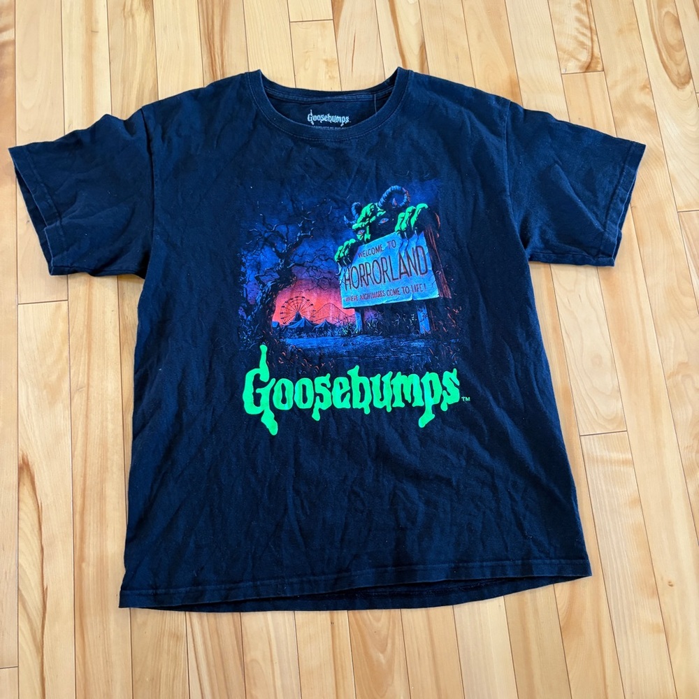 Vintage Goosebumps Black Graphic Tee with Neon Green Logo
